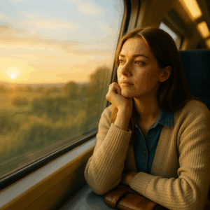 Credit ficp etranger : une voyageuse réfléchit à un nouveau départ en regardant par la fenêtre d’un train